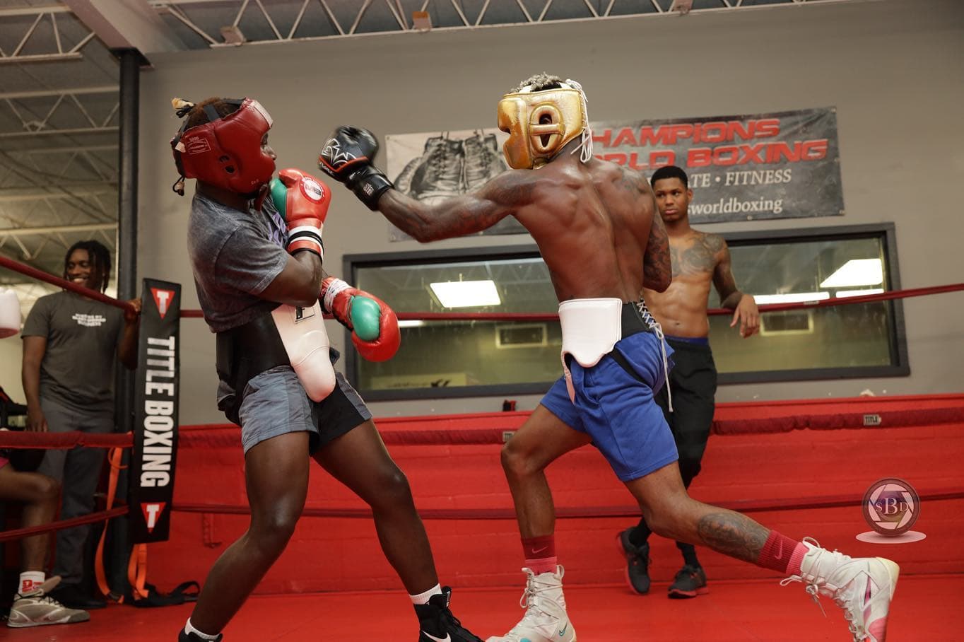 Kenneth Sene sparring in a gold headguard